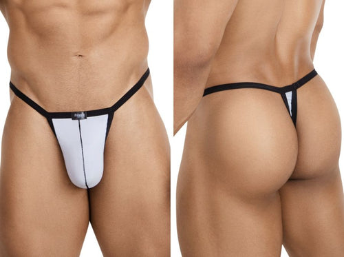 Pikante Khonsu gray thong for men with a minimalist design, contrasting black trim, and a supportive pouch.