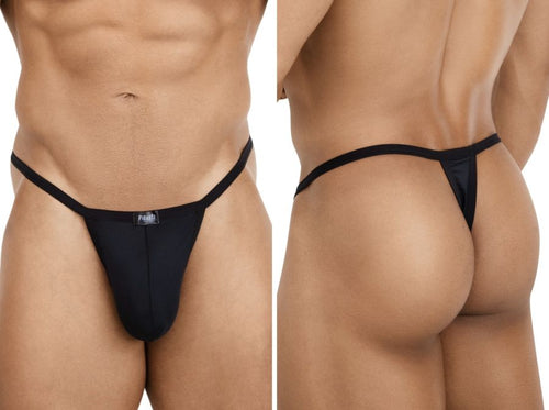 Front and back view of men’s sleek black micro-thong with minimalist straps, designed for intimate wear.