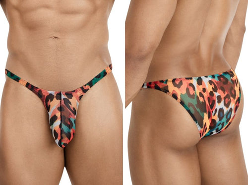 Men's multi-colored animal print bikini in sheer, lightweight mesh fabric for intimate or swimwear use.