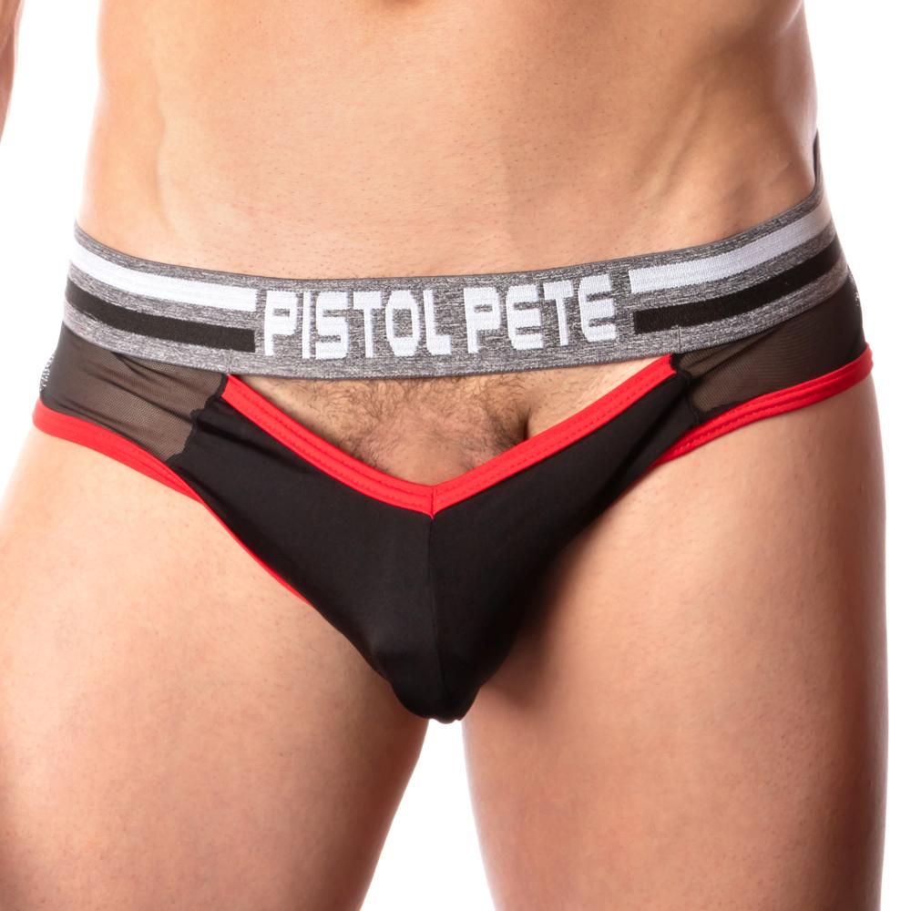 Black and red mesh briefs with gray waistband featuring pistol pete logo in white from pistol pete PPE021 jockstrap