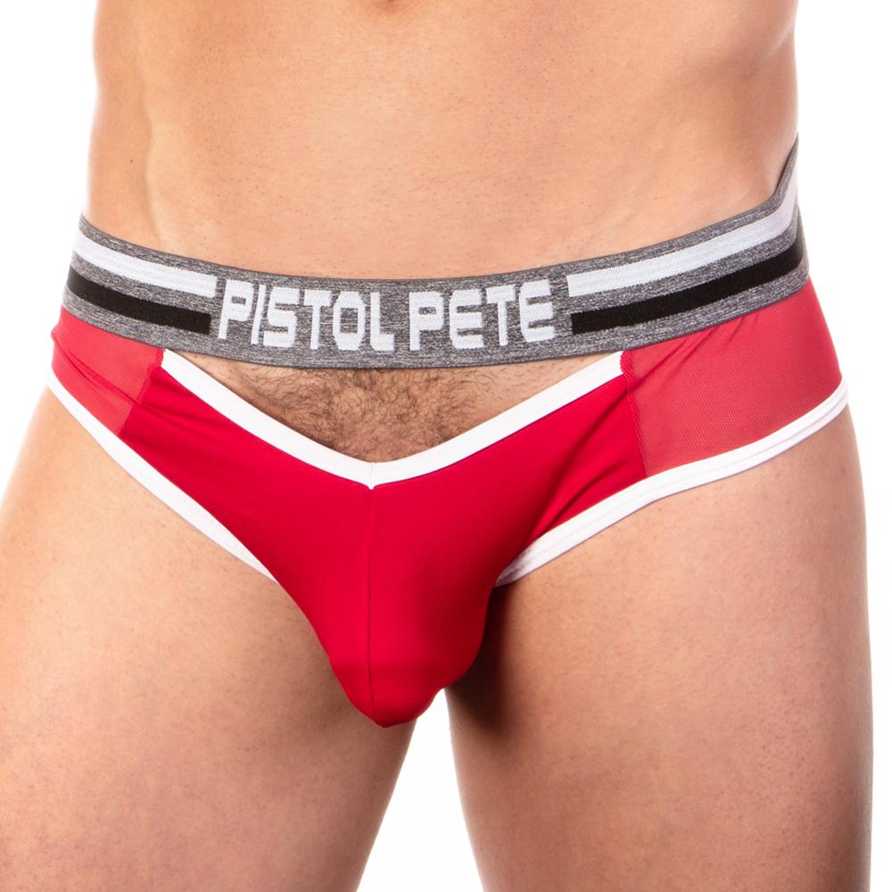 Red men’s briefs with gray black and white striped waistband featuring pistol pete logo from pistol pete ppe021 jockstrap