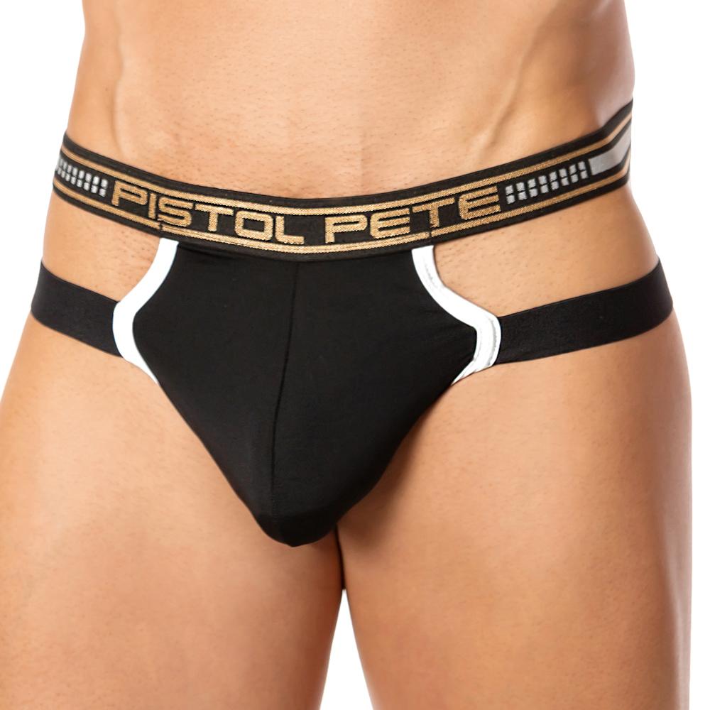 Black and white athletic briefs with a gold pistol pete logo on the waistband from pistol pete ppe022 jockstrap collection