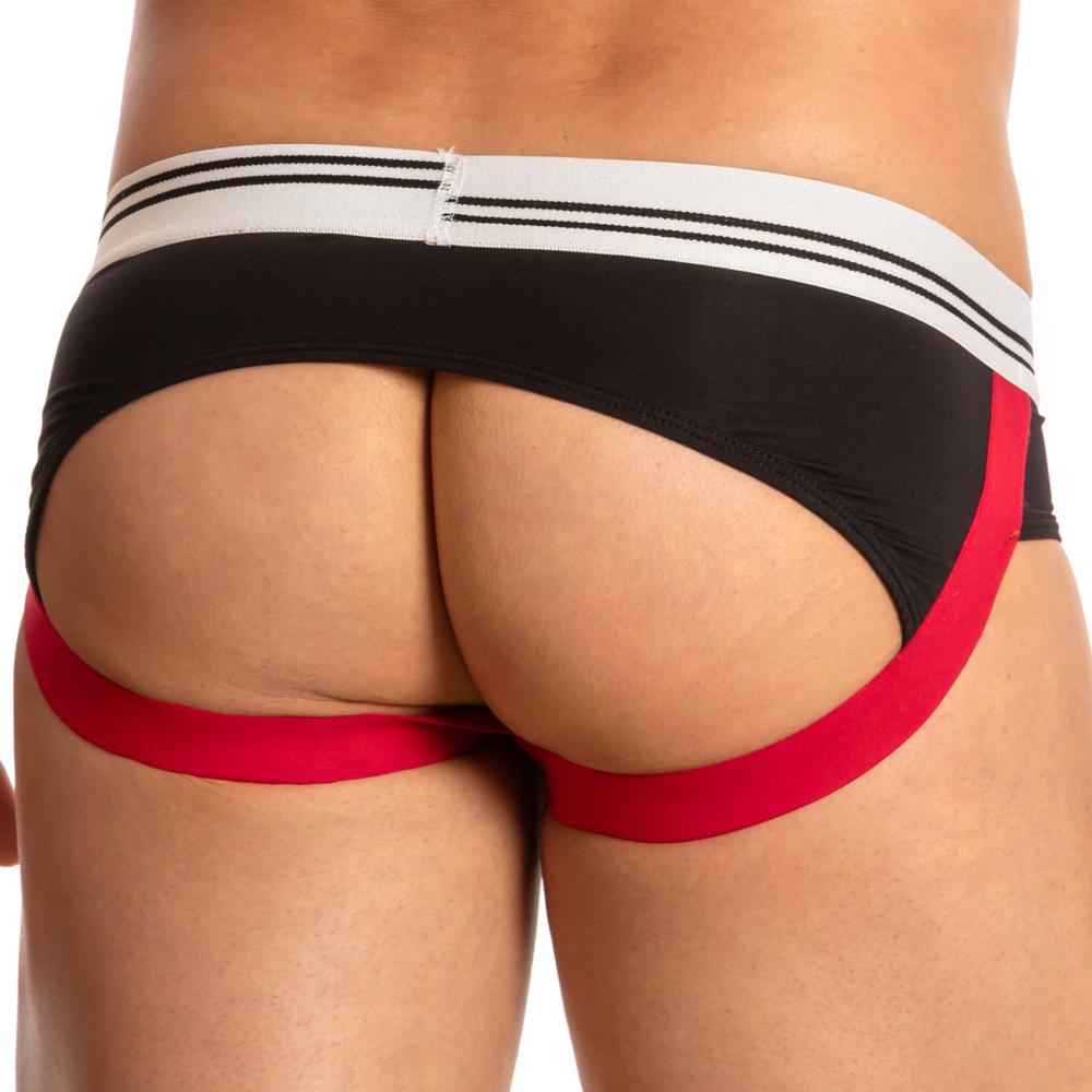 Black and red Pistol Pete PPE026 brief jock with white waistband and three black stripes for athletic use