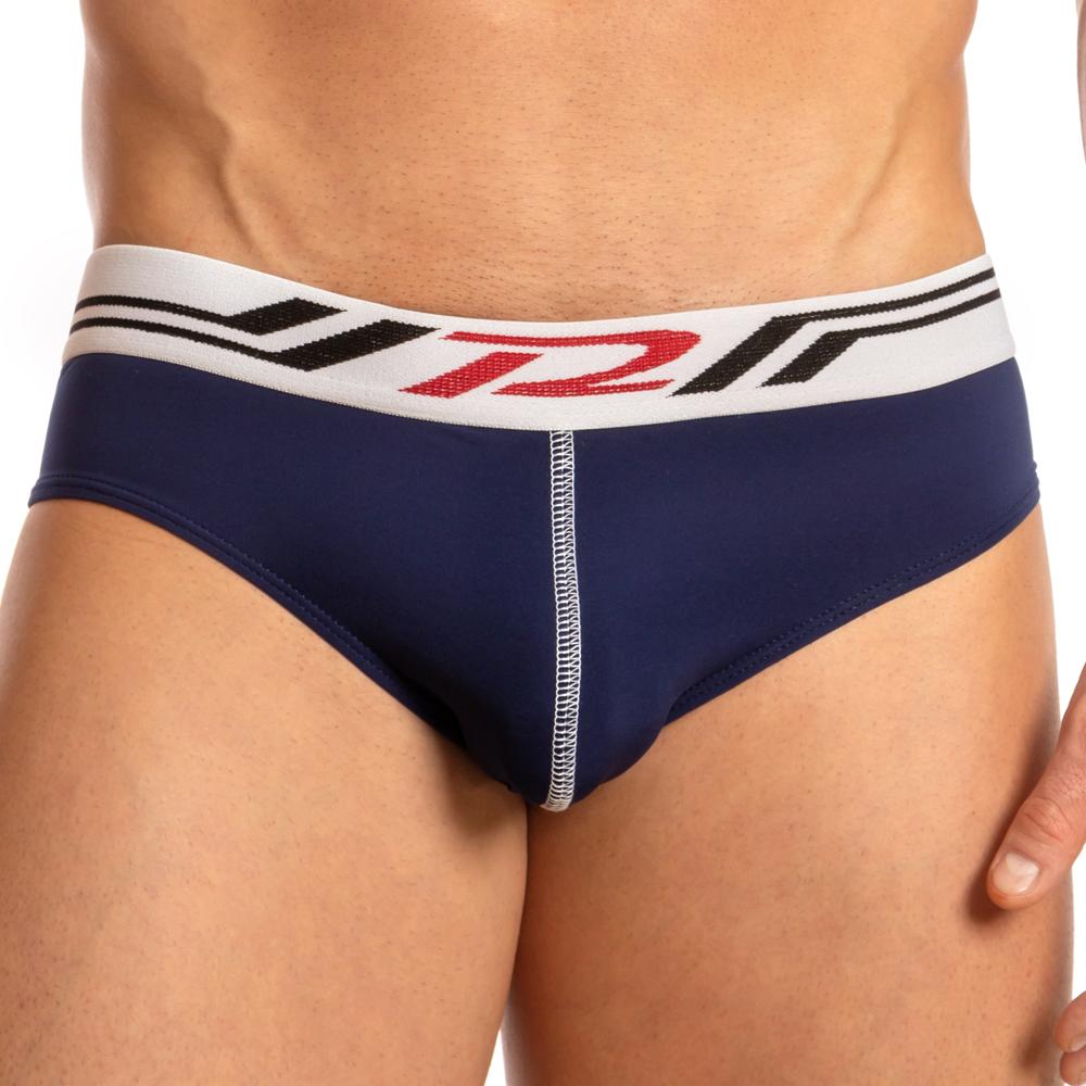 Navy blue men’s briefs with a white waistband featuring black and red Pistol Pete branding stripes PPE026 brief jock