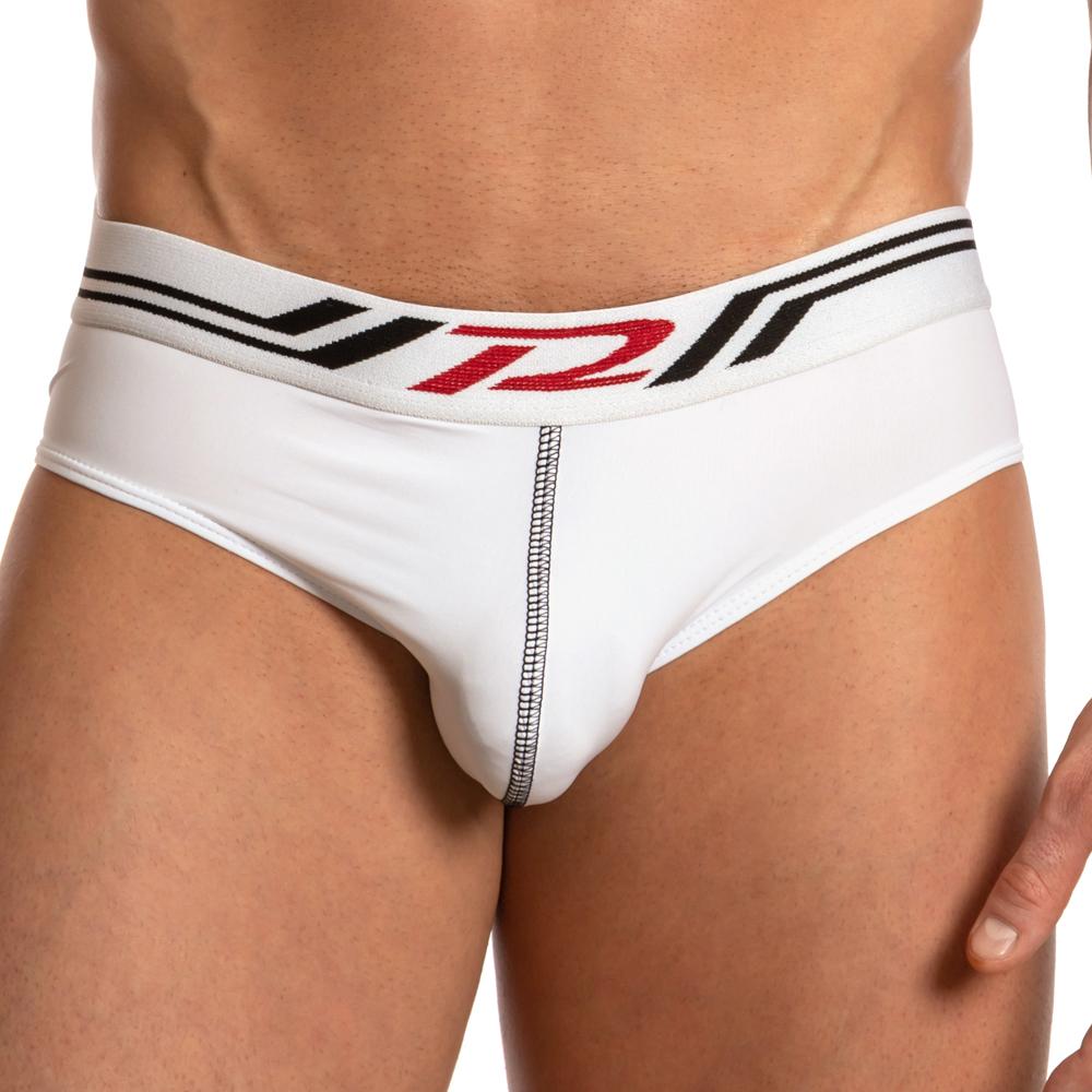 White men’s briefs pistol pete ppe026 with black and red logo on waistband designed for support and comfort