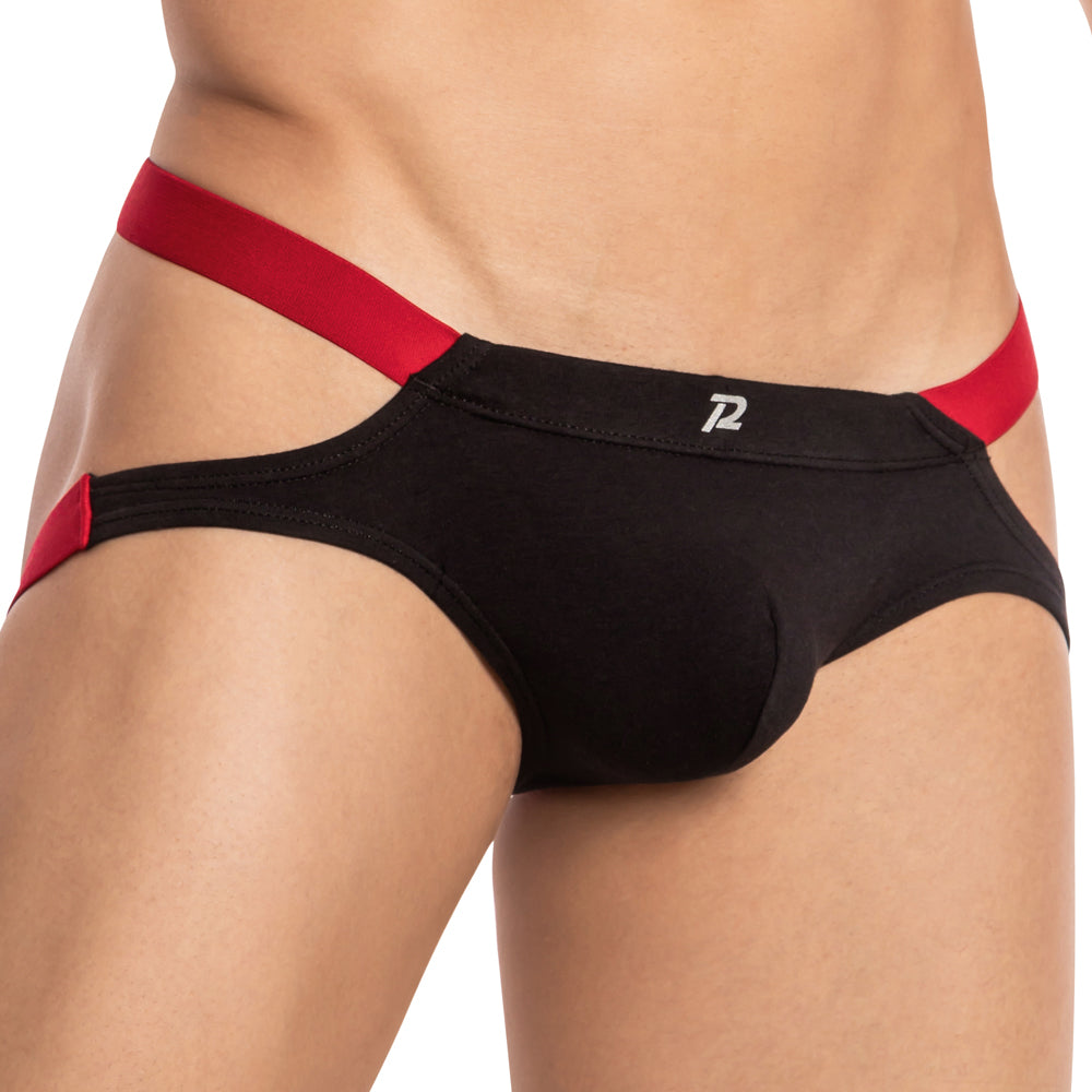 Pistol Pete PPE030 jockstrap men’s briefs in black with red bold side straps and sleek form-fitting design