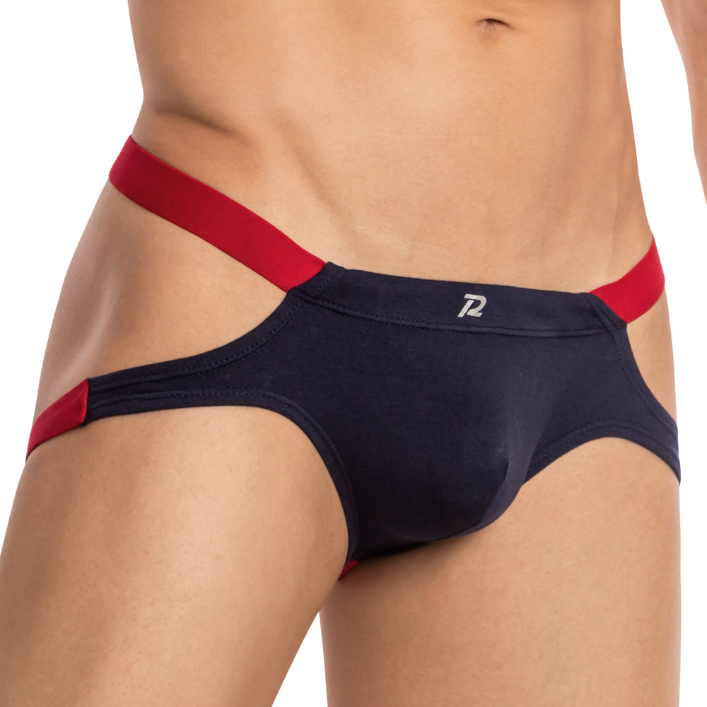 Navy blue and red pistol pete PPE030 jockstrap briefs with a distinctive cutout design for men