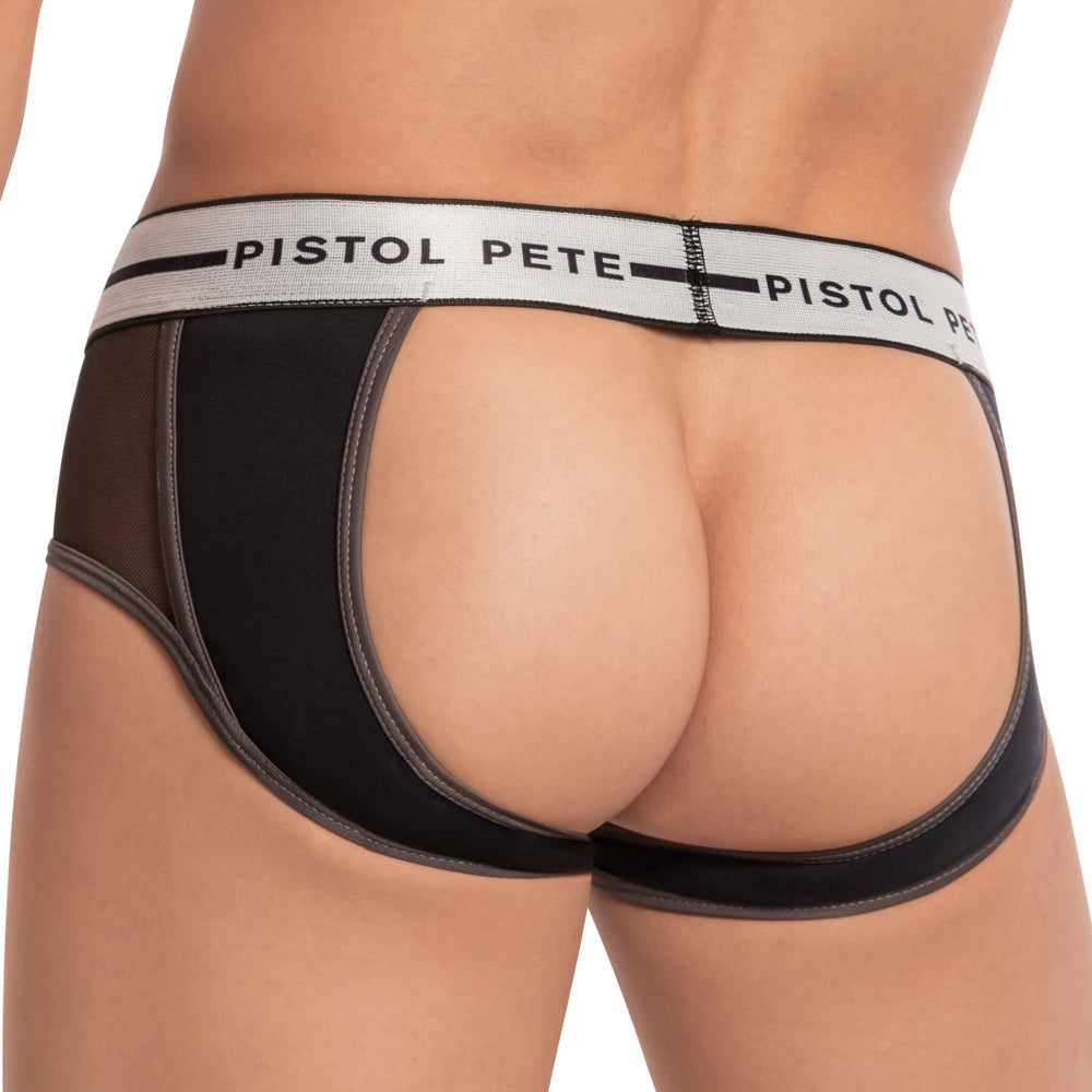 Black and gray mesh briefs with white elastic waistband featuring pistol pete branding from pistol pete PPE031 jockstrap
