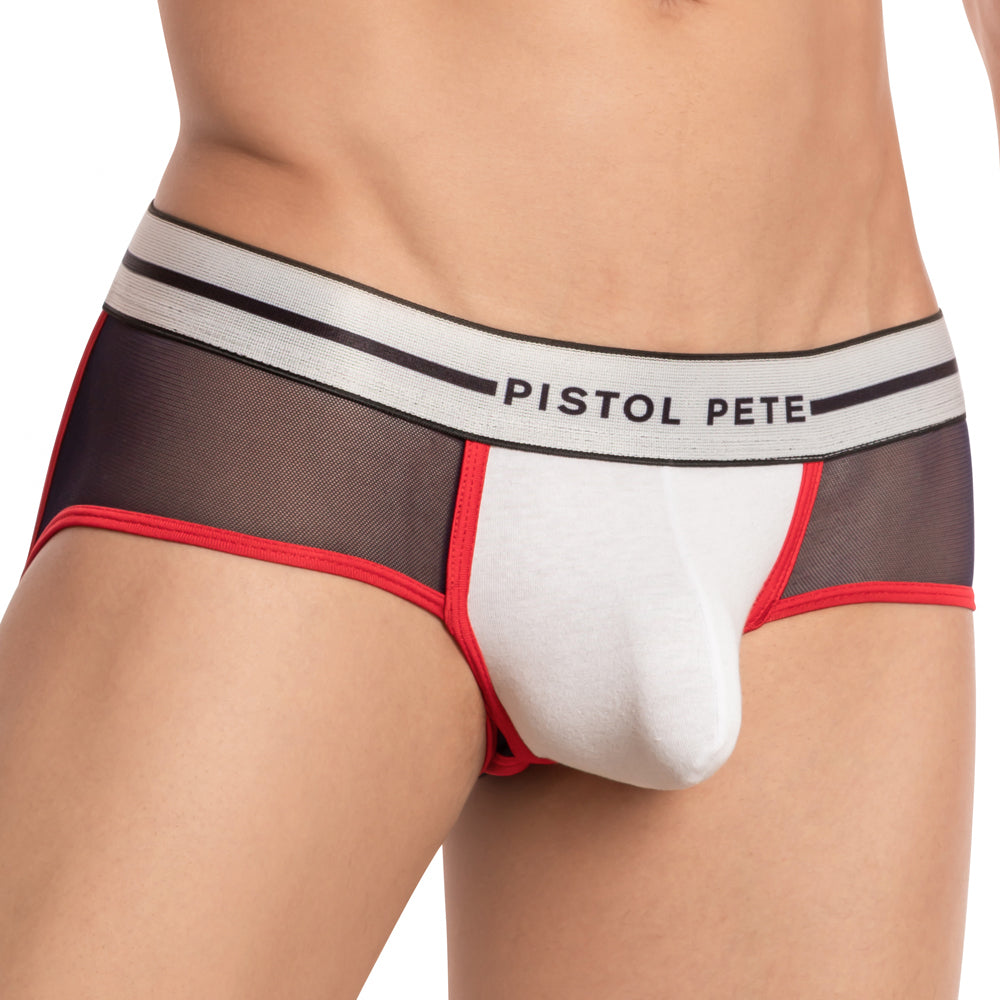 White and black mesh briefs with red trim and pistol pete waistband in the pistol pete PPE031 jockstrap design