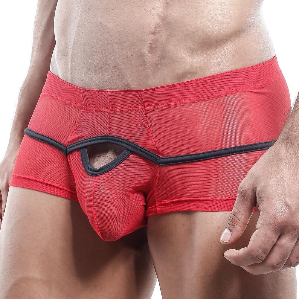 Red mesh boxer trunk with black trim and distinctive cutout design by pistol pete model PPG001