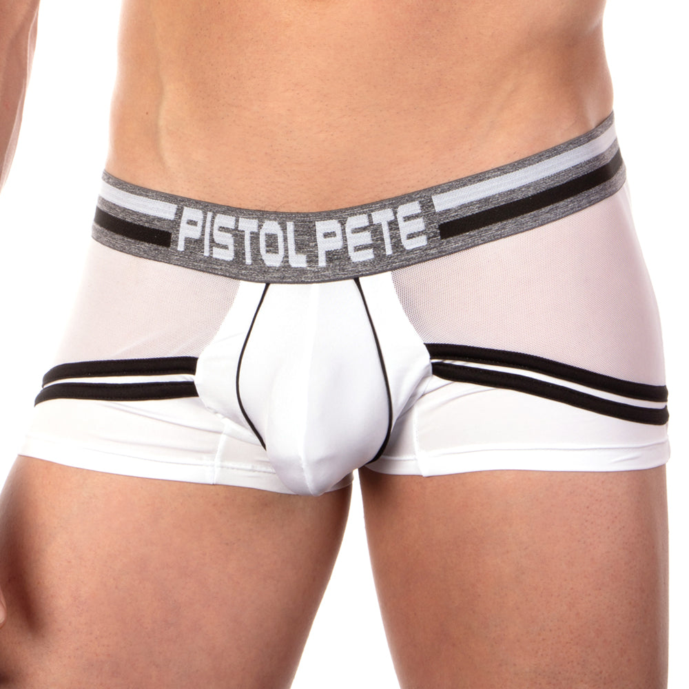 White men’s boxer briefs with black stripes and gray waistband featuring pistol pete logo model PPG026 no hit boxer brief