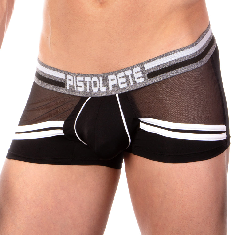 Black mesh boxer briefs with white stripes and gray waistband featuring pistol pete logo ppg026 no hit boxer brief