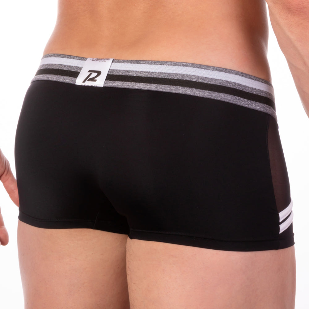 Black men’s Pistol Pete PPG026 no hit boxer briefs with gray white striped waistband mesh side panels and white leg stripes