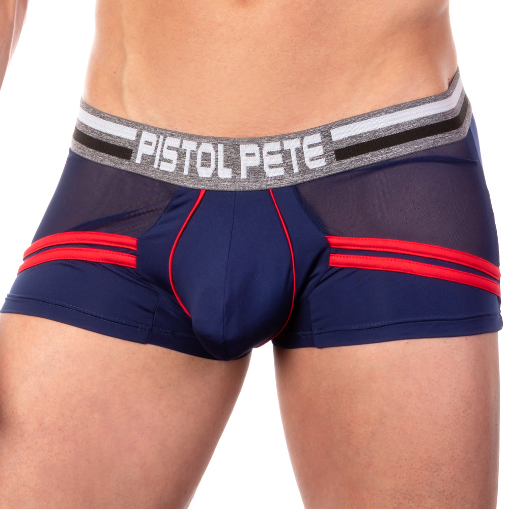 Navy blue pistol pete ppg026 no hit boxer briefs with red trim and gray waistband featuring pistol pete logo