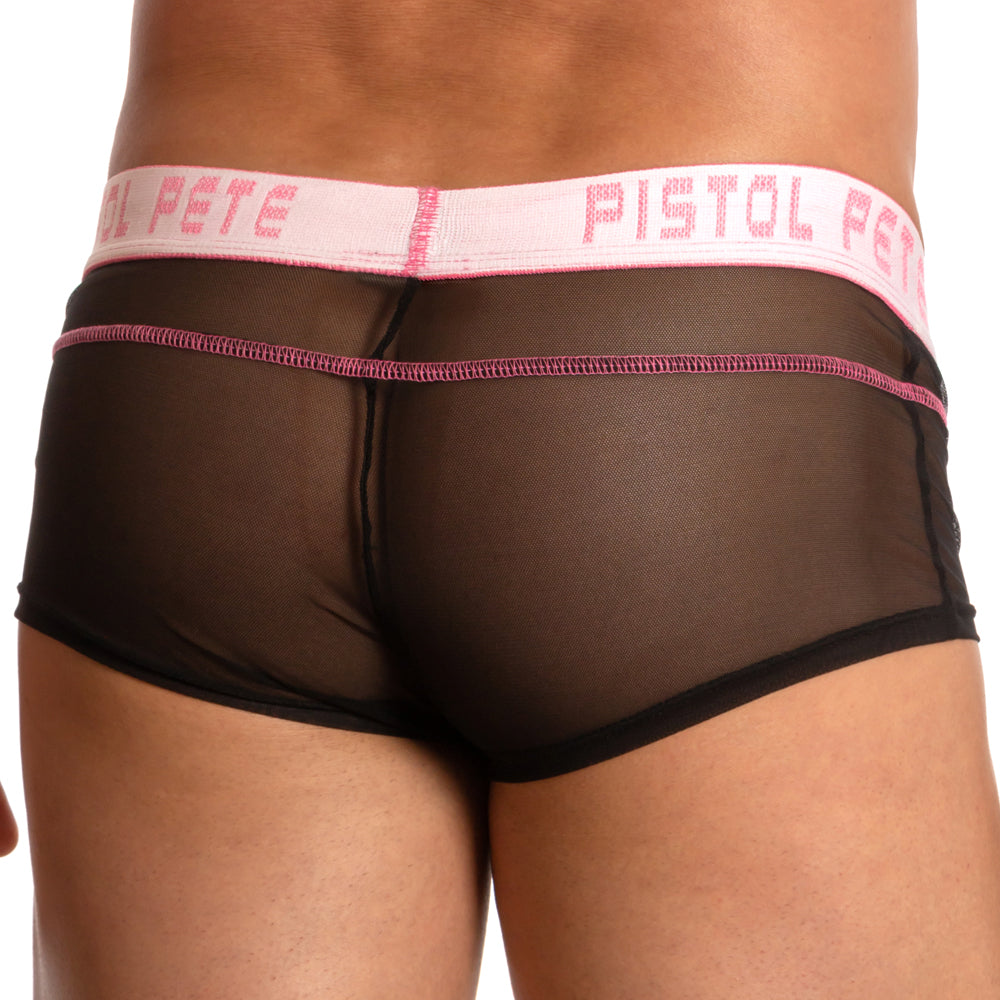 Black sheer mesh briefs with pink trim and white waistband featuring pistol pete logo pink lettering pistol pete ppg031 sheer joy trunk