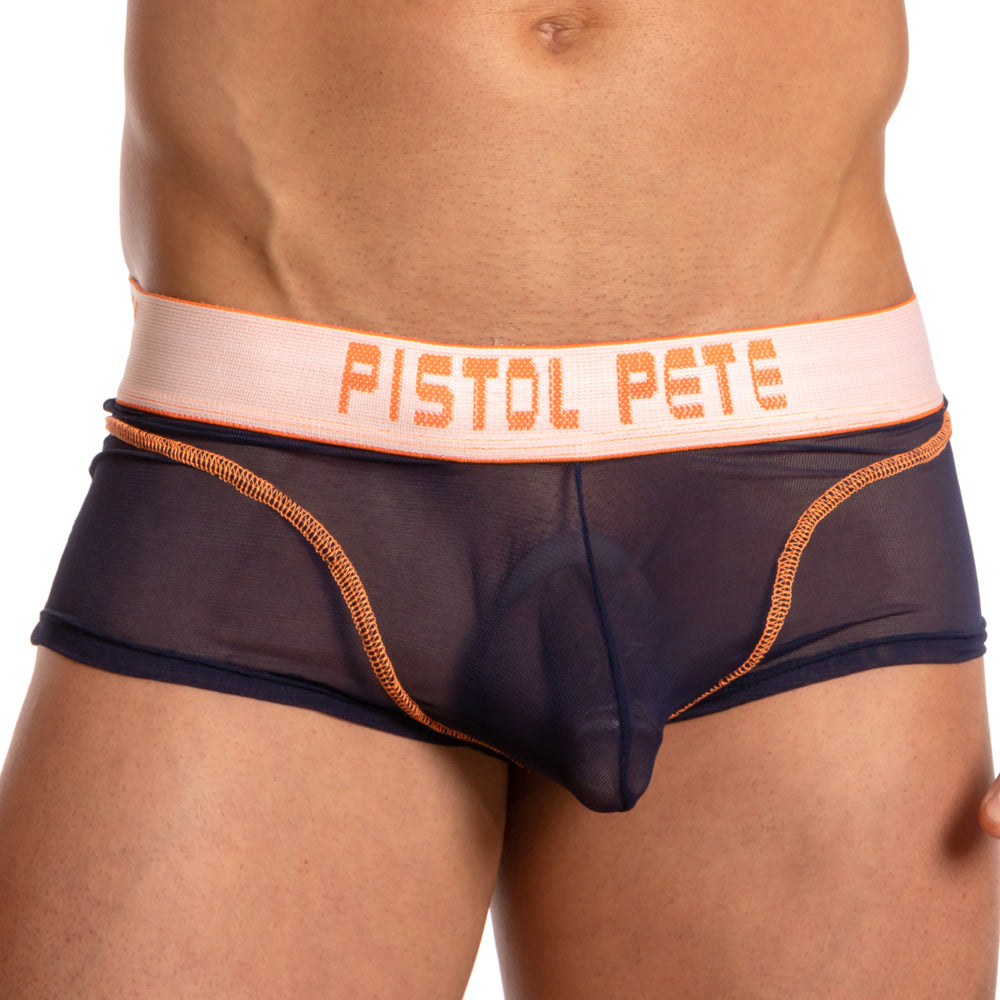 Navy blue sheer mesh briefs with orange stitching and a peach waistband featuring pistol pete lettering by pistol pete