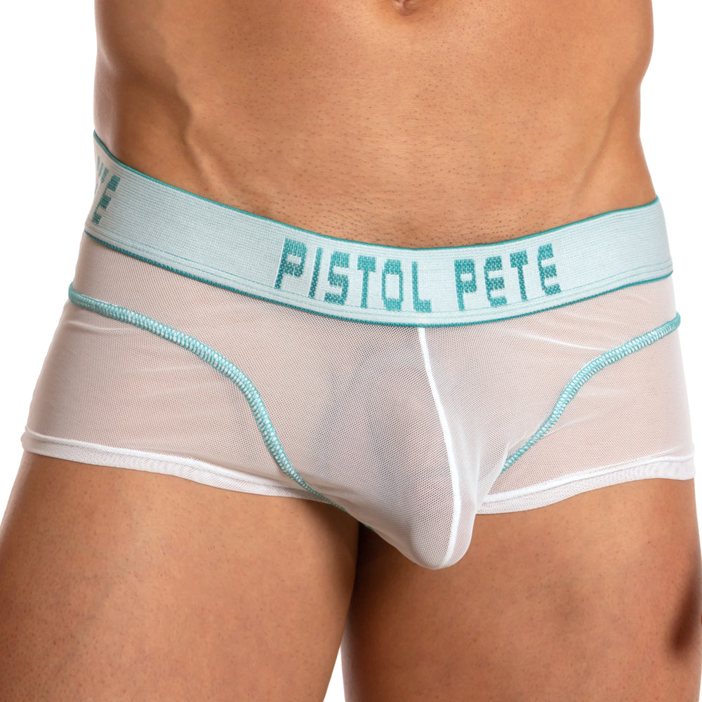 White mesh briefs with teal trim and pistol pete branding on waistband from pistol pete ppg031 sheer joy trunk collection