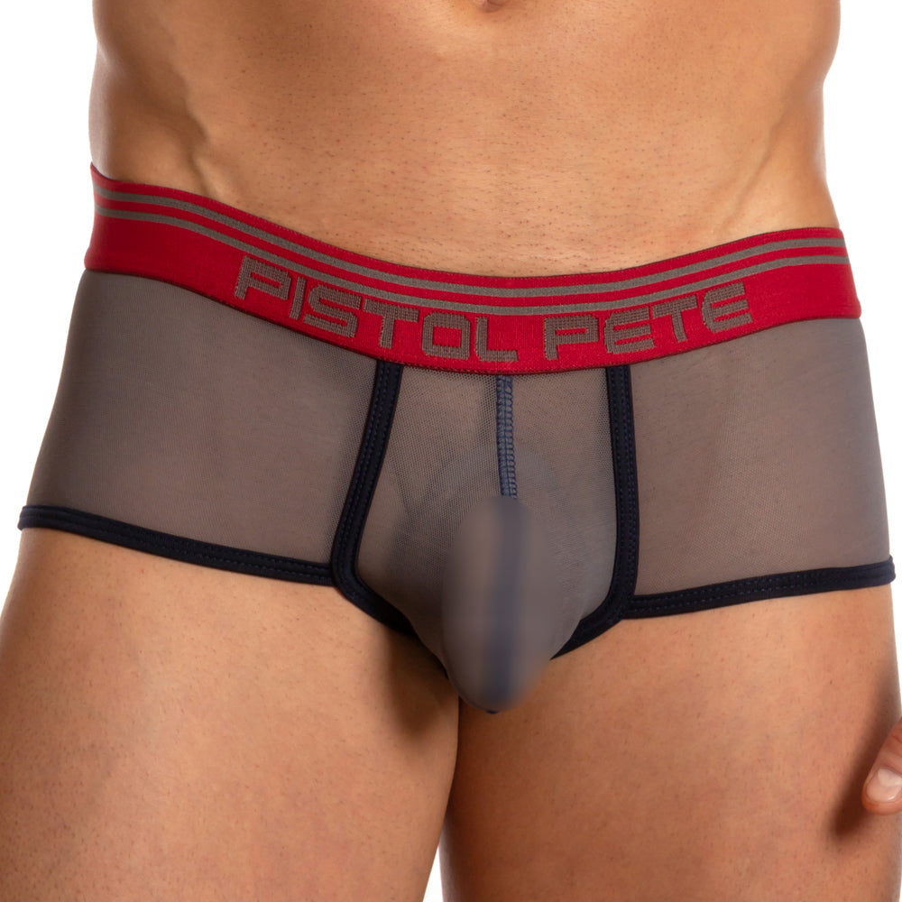Gray mesh men’s sheer trunk underwear with red waistband pistol pete logo and black trim pistol pete ppg032