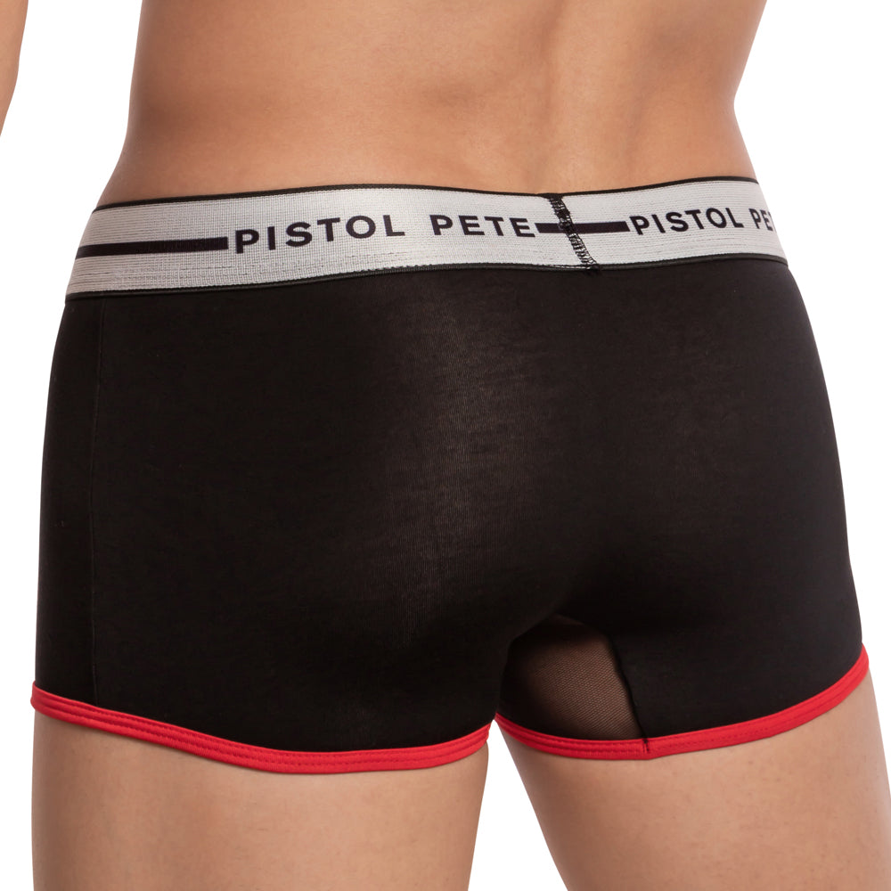 Black men’s boxer briefs pistol pete ppg036 with white waistband and red trim on leg openings