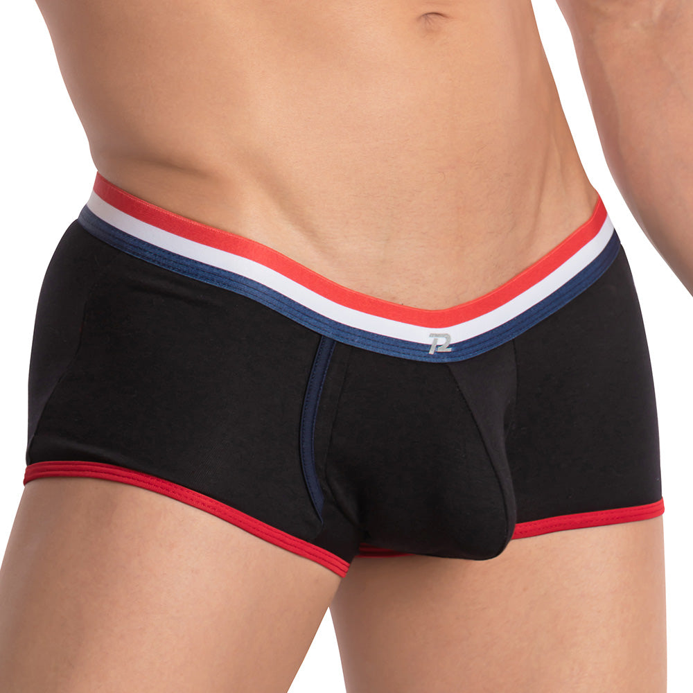 Black men’s pistol pete ppg037 boxer briefs with red white and blue striped waistband and brand logo
