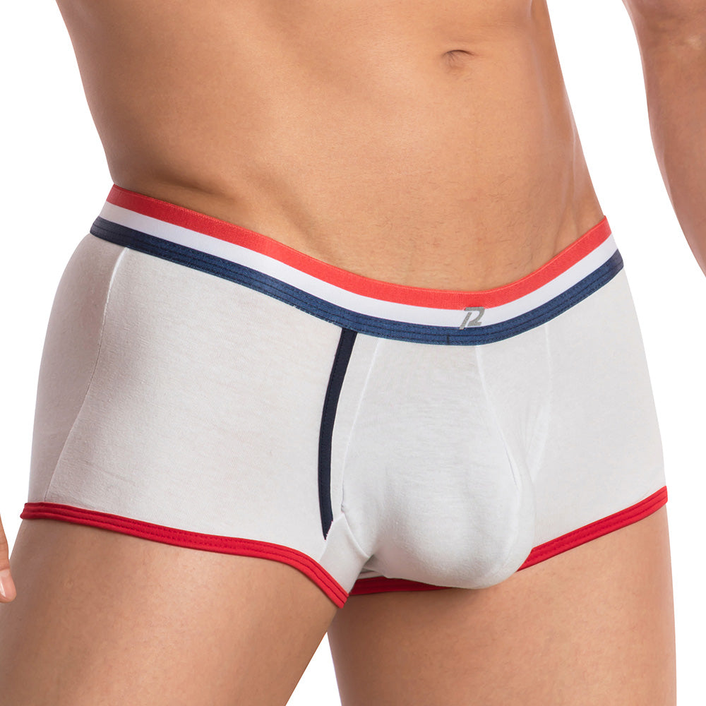 White men’s briefs pistol pete ppg037 with red and navy blue trim and subtle logo on the waistband