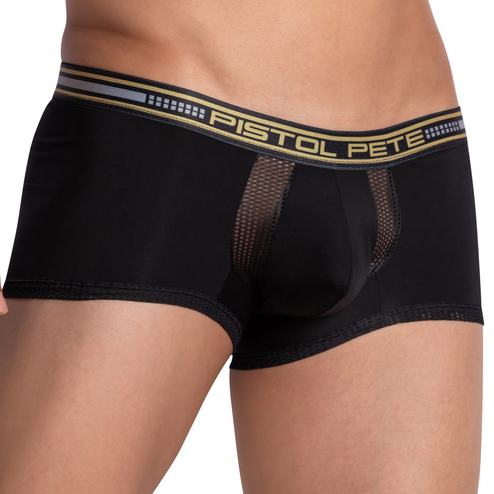 Black men’s boxer briefs with gold and gray branded waistband featuring the Pistol Pete logo PPG041 design