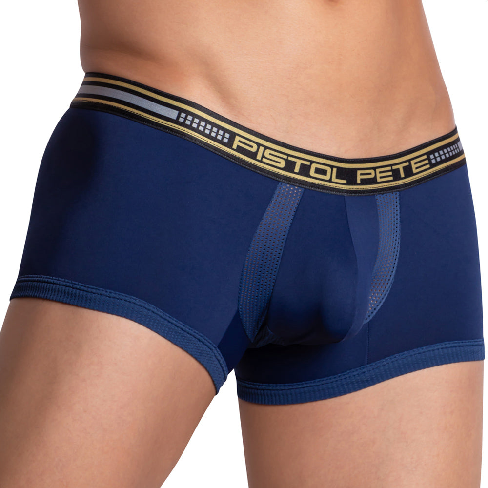 Navy blue men’s boxer briefs with black and gold elastic waistband featuring Pistol Pete brand name PPG041 model