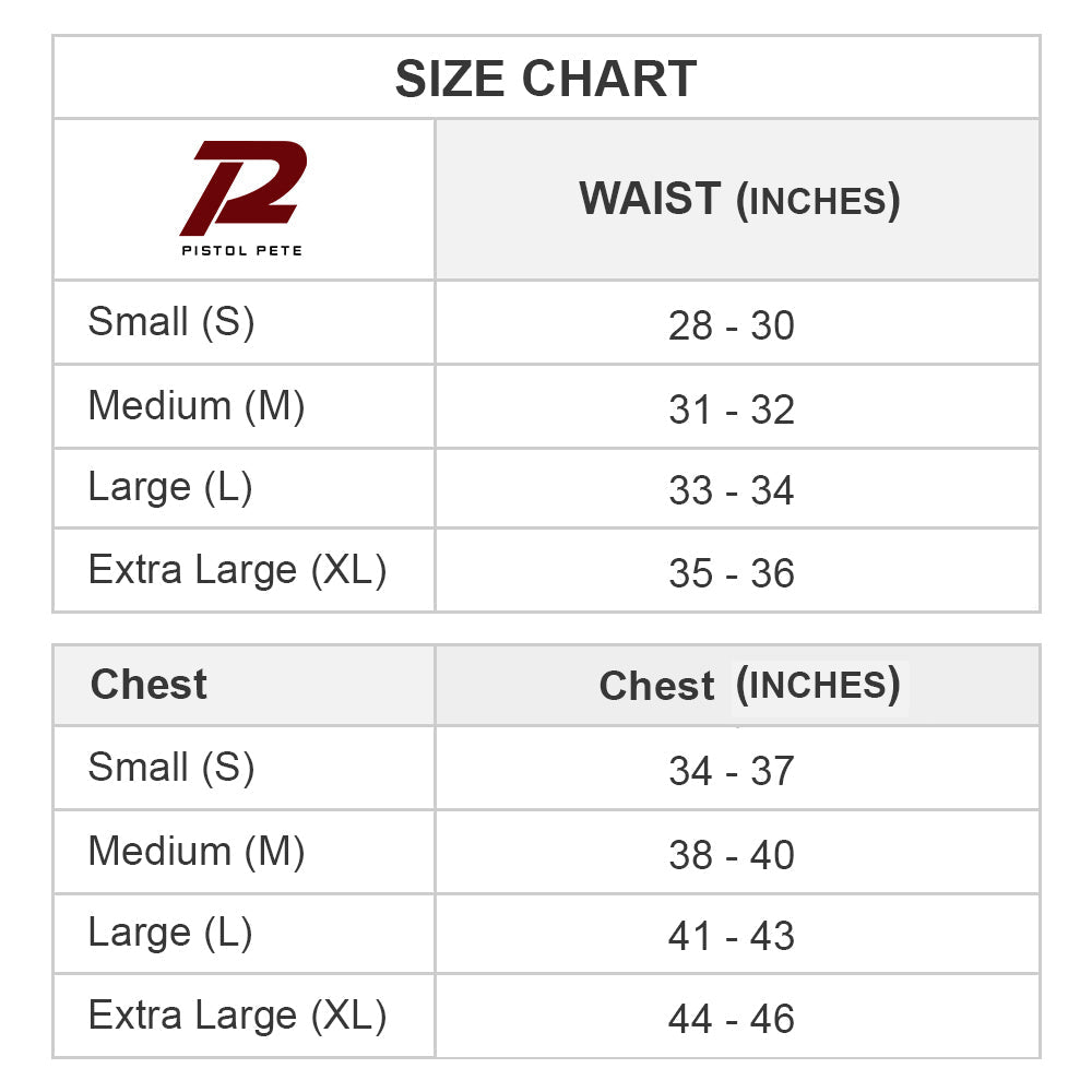Pistol pete ppg041 boxer brief size chart showing waist and chest measurements from small to extra large sizes