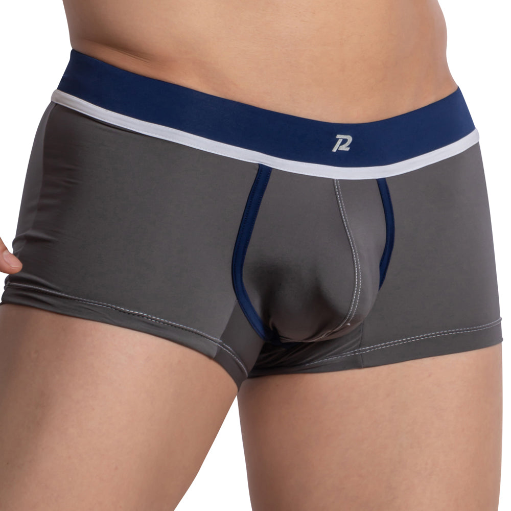 Gray pistol pete ppg042 men’s boxer briefs with navy blue waistband white trim and subtle stitching details
