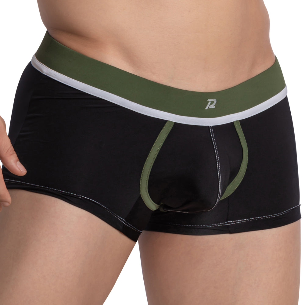 Black pistol pete ppg042 boxer briefs with olive green and white trim and a subtle logo on the waistband