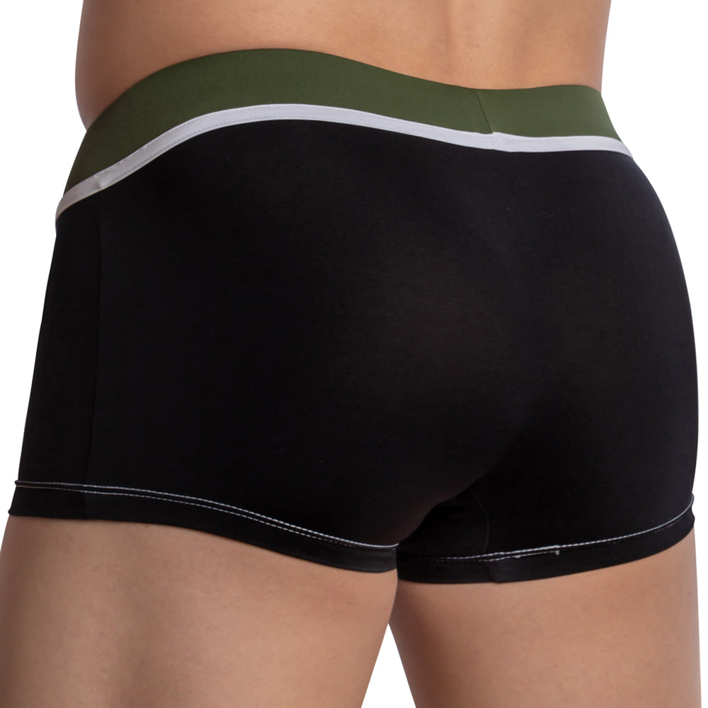 Black pistol pete ppg042 boxer briefs with olive green waistband white stripe and matching stitching on leg openings