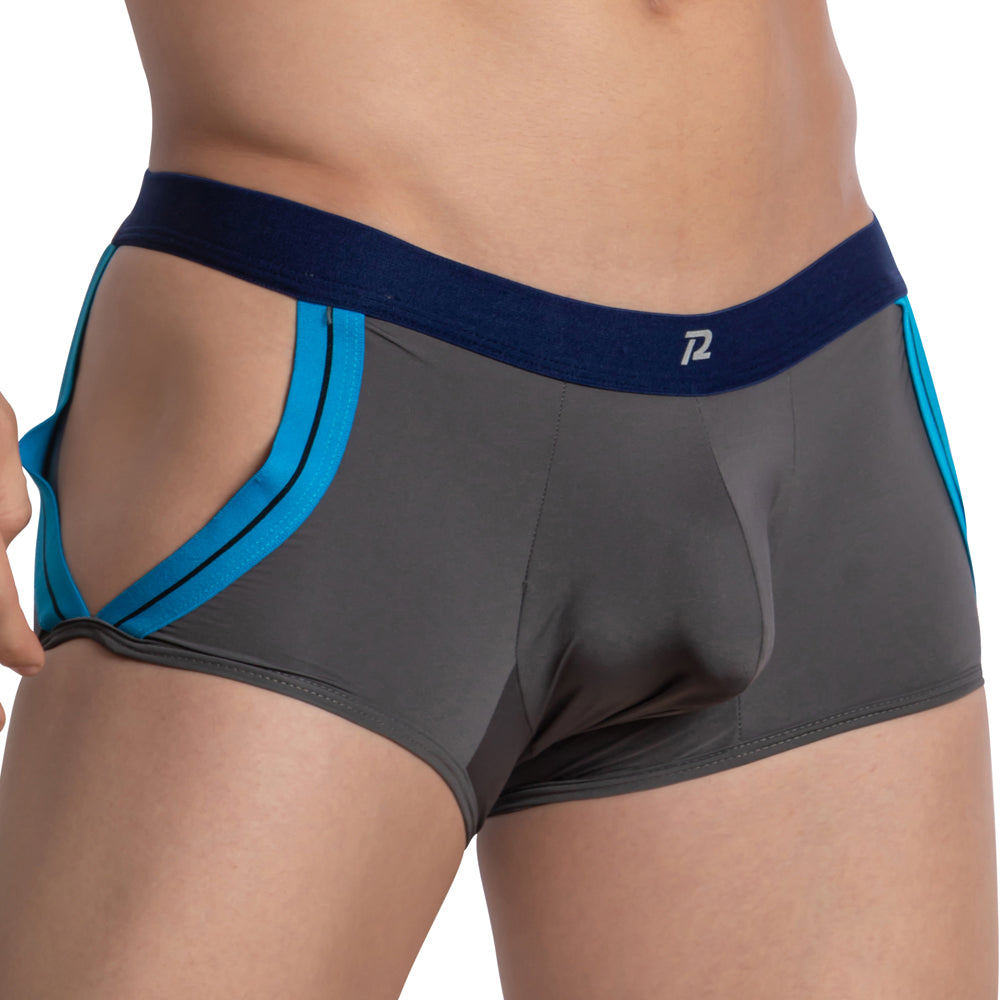 Gray and blue pistol pete ppg044 boxer brief with navy waistband and p logo designed for athletic support
