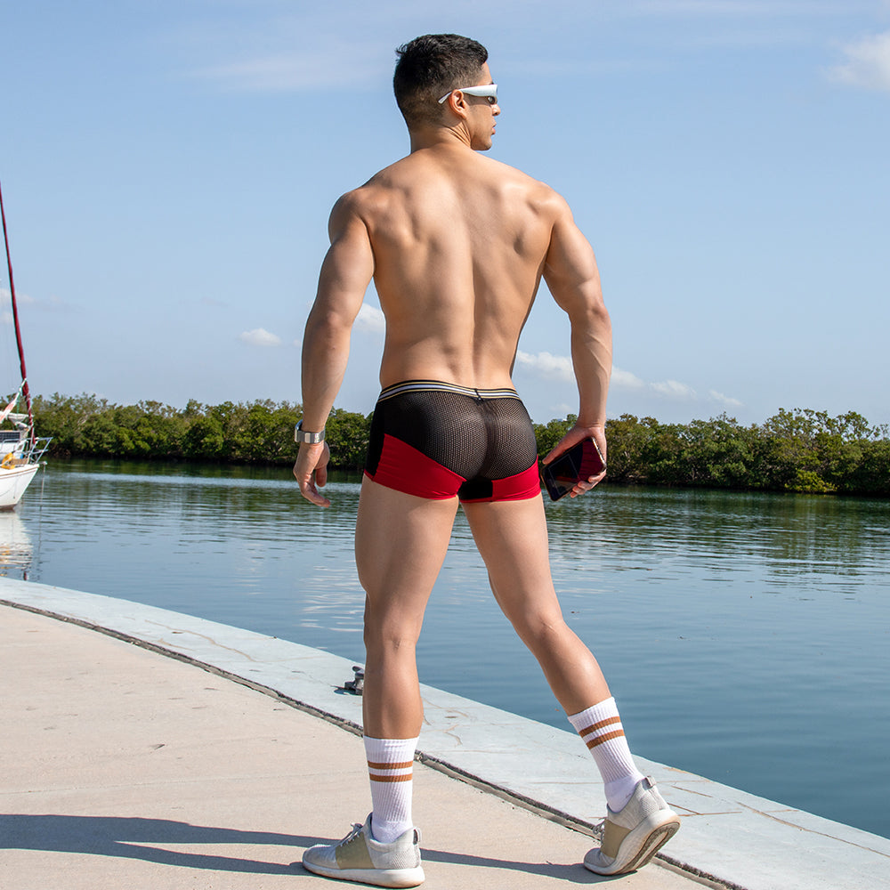 Pistol pete ppg045 boxer trunk black and red mesh athletic shorts with striped trim for sports and workouts