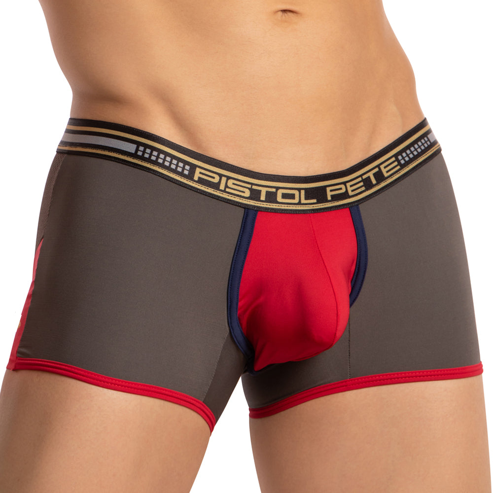 Gray and red pistol pete ppg045 boxer trunk with black waistband and gold logo for men’s comfortable support