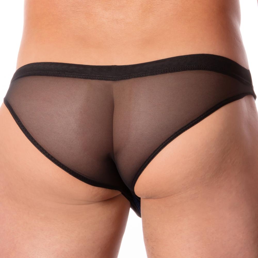 Pistol Pete PPI006 bikini brief in black sheer mesh with solid black elastic waistband and leg edges front view