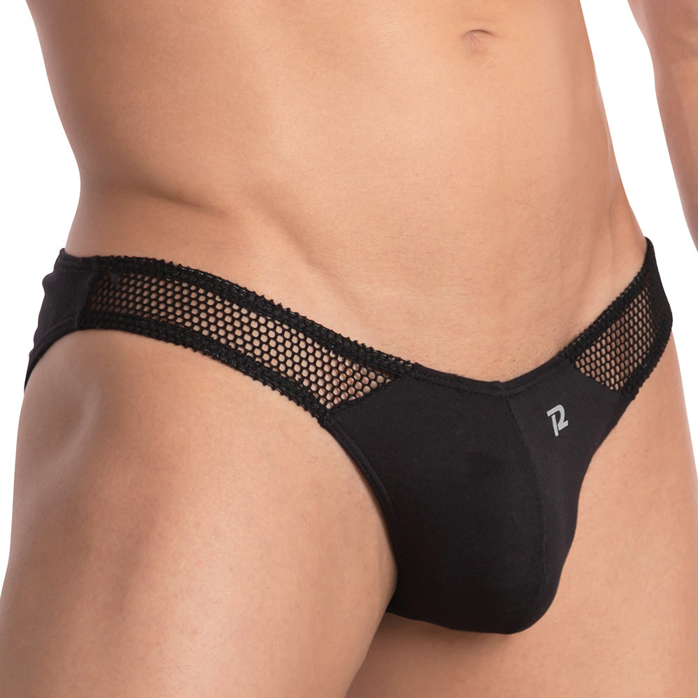 Black pistol pete ppi008 bikini brief with mesh trim sleek fit and subtle silver logo on the side