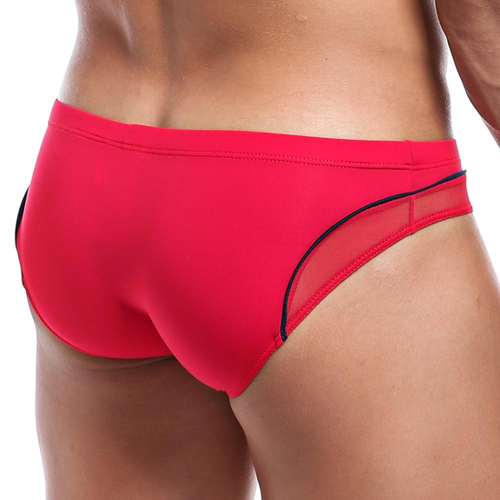 Pistol Pete PPJ014 bikini brief in bright red with sheer mesh panel and black trim along the side