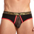 Black and red transparent briefs with gold pistol pete waistband for stylish and bold underwear look
