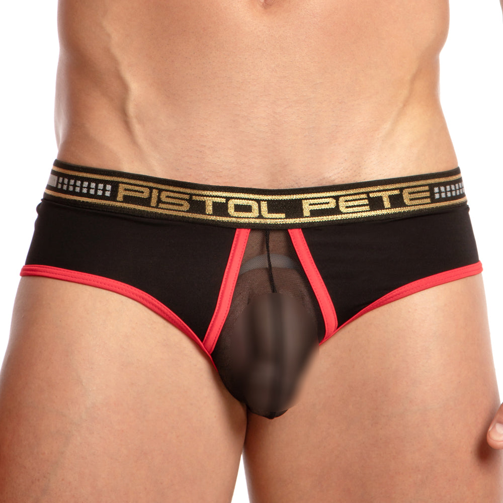 Black and red transparent briefs with gold pistol pete waistband for stylish and bold underwear look