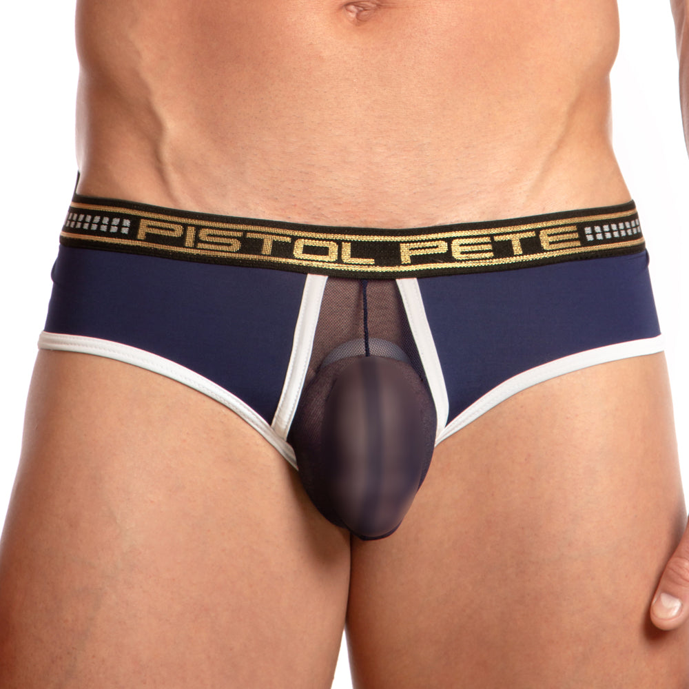 Navy blue and white pistol pete ppj023 men’s briefs with sheer mesh front panel and gold lettering on waistband