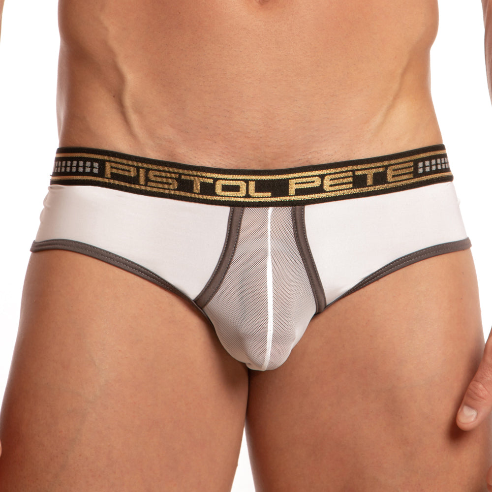 White and gray Pistol Pete PPJ023 athletic briefs with black elastic waistband featuring gold pistol pete lettering