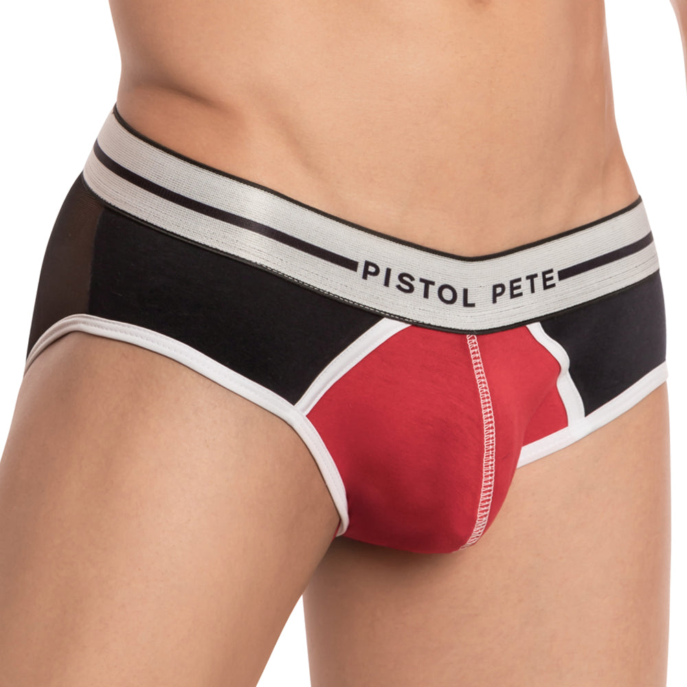 Black and red men’s briefs with white trim featuring pistol pete logo on waistband pistol pete ppj024 brief
