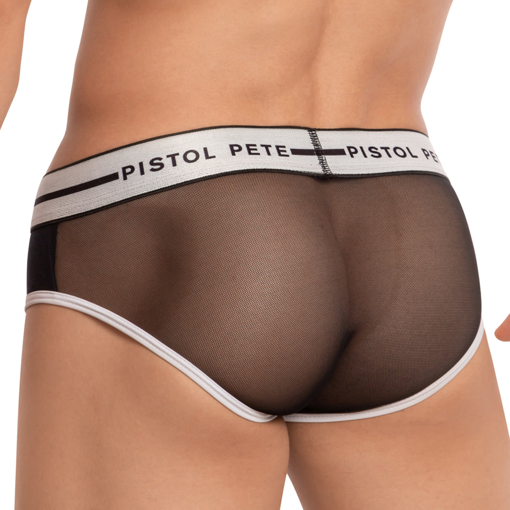Black mesh briefs with white trim and branded waistband by pistol pete ppj024 for comfortable everyday wear