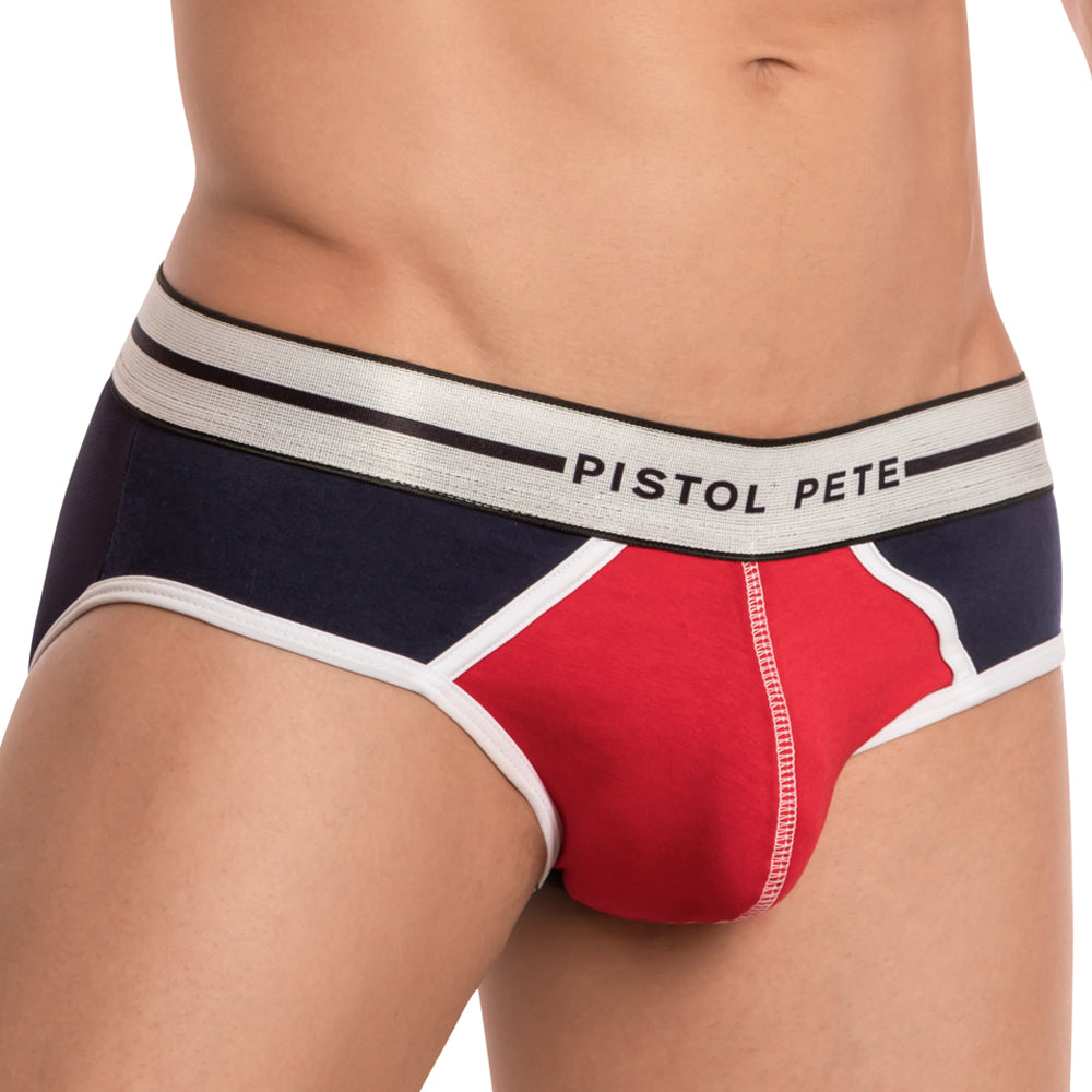 Navy blue and red pistol pete ppj024 athletic briefs with white trim and silver waistband featuring pistol pete logo