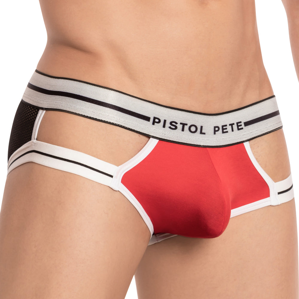 Pistol pete ppj025 bikini brief in red and white stripes with black mesh sides and gray branded waistband