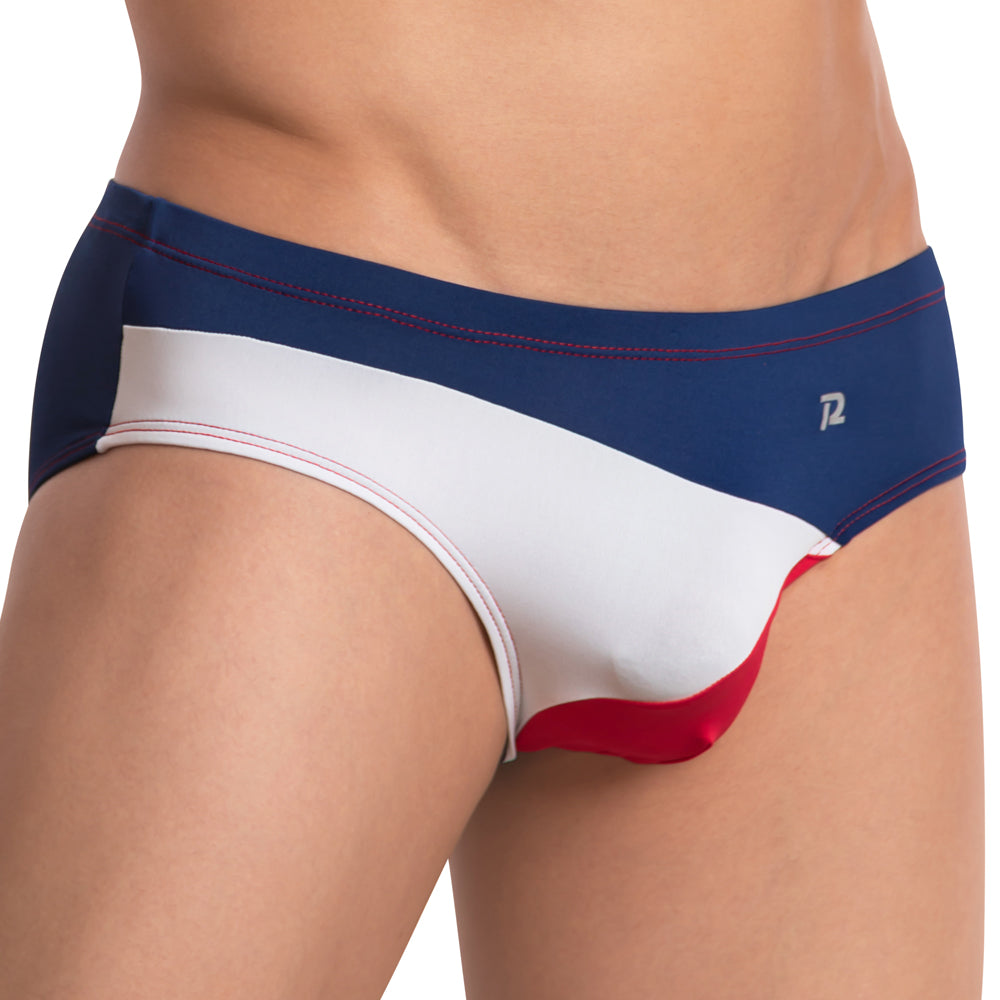 Navy blue white and red tri-color swim trunks pistol pete ppj029 brief with sleek modern design for swimming
