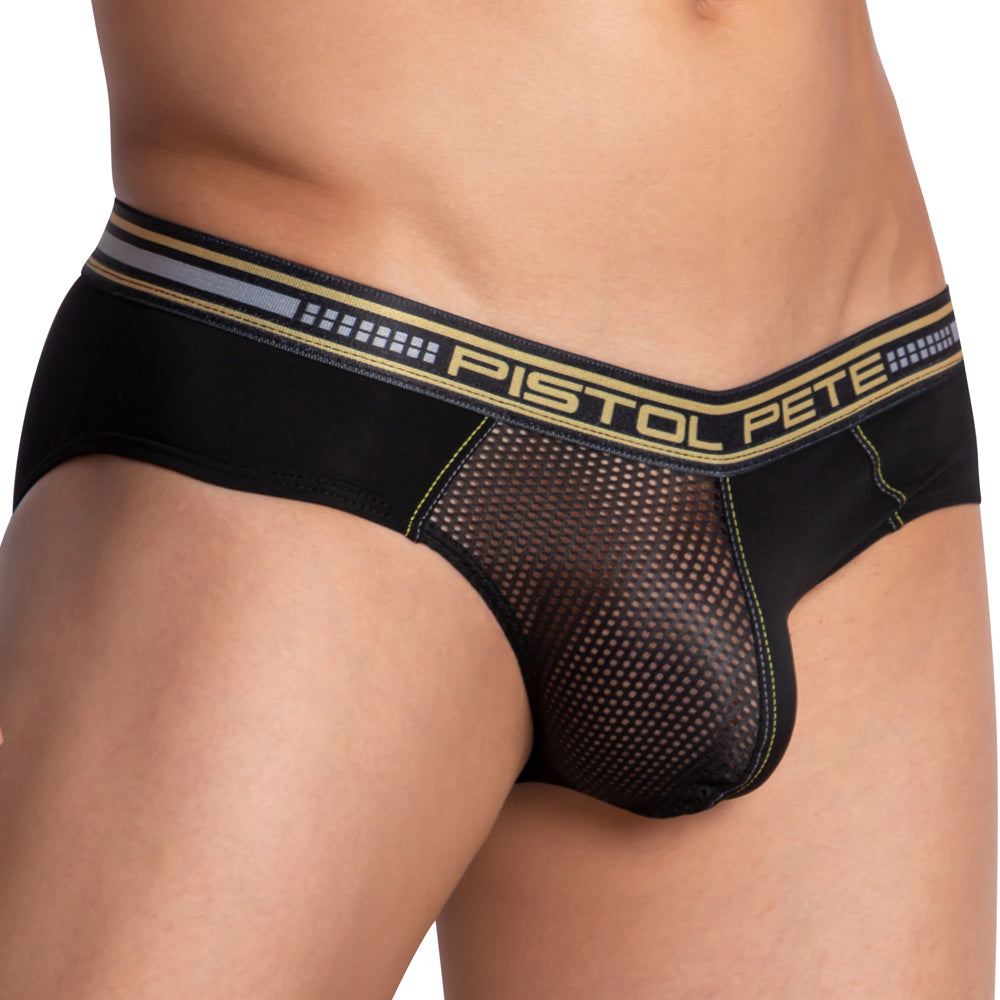 Black mesh briefs with a gold and gray elastic waistband featuring the pistol pete logo ppj031 brief