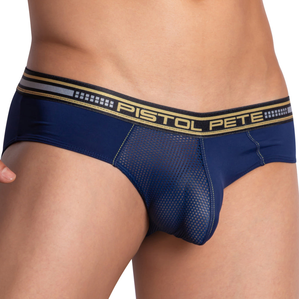 Navy blue mesh briefs with black and gold elastic waistband featuring pistol pete logo pistol pete ppj031 brief