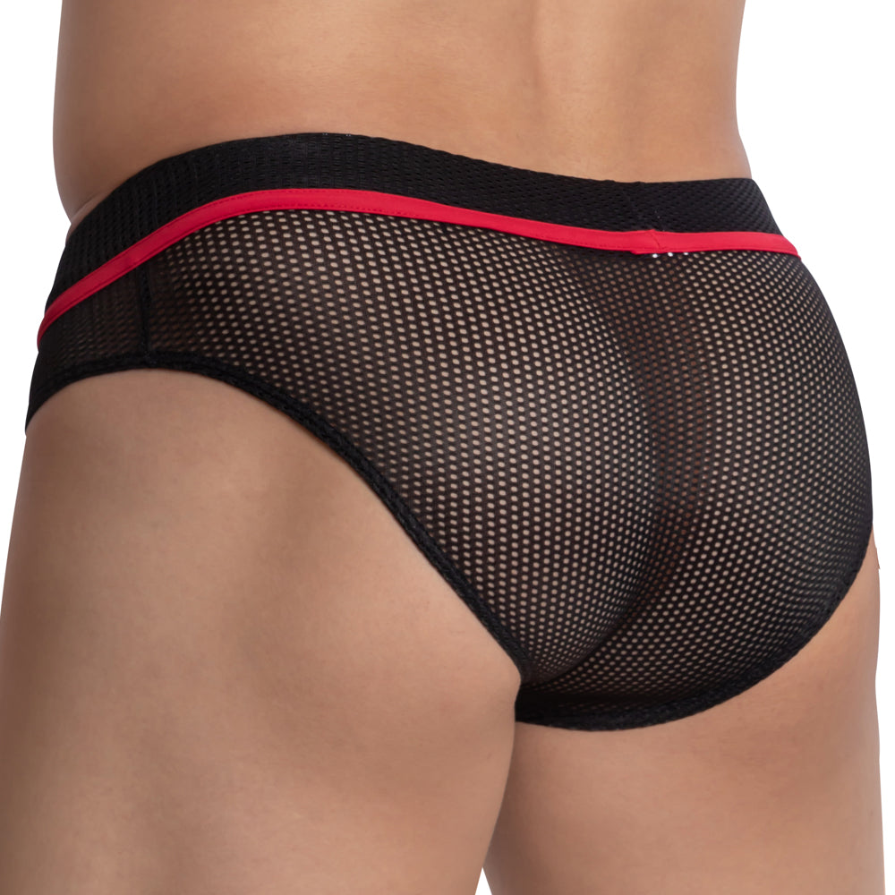Black mesh briefs with bold red waistband trim pistol pete ppj032 brief front view