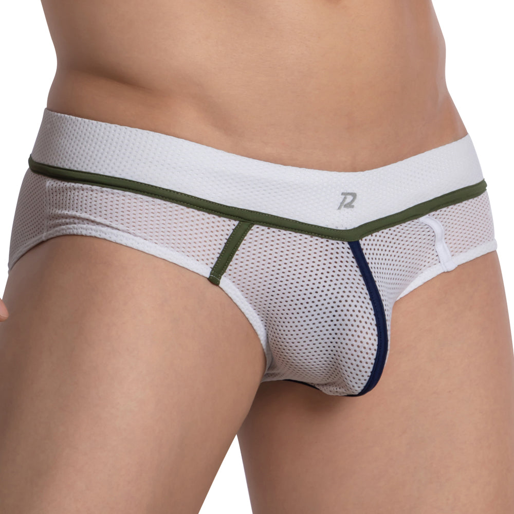 Pistol pete ppj032 brief white mesh briefs with olive green and navy blue trim and subtle z logo on waistband